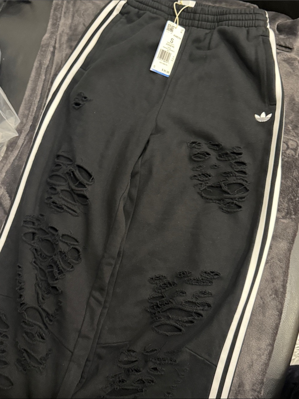 adidas Black Joggers with White Side Stripes and Distressed Detailing